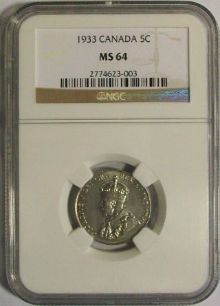 1933 Canada 5 Cents George V Ngc Ms 64 Rare In photo