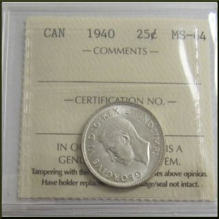 Canada 1940 25 Cents Silver Coin Iccs Ms - 64 photo