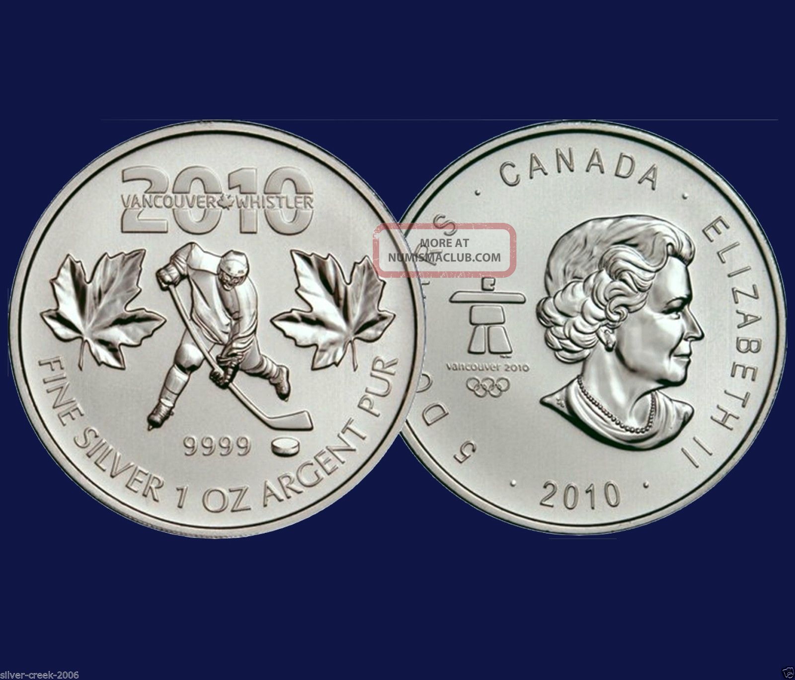 2010 1 Oz Canadian Maple Leaf Vancouver Olympic Games. 9999 Fine Silver