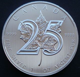 2013 - 1 Oz 25th Canadian Maple Leaf Anniversary Bullion Fine Silver Coin photo
