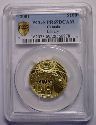 Canada 100 Dollars 2001 Gold Pcgs Pr69 Library Of Praliament 13.  33g.  583 Gold photo