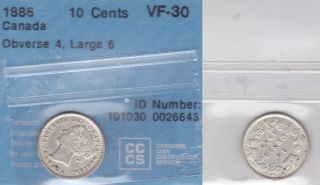 1886 Cccs Vf30 10 Cents Obverse 4 Large (knobbed) 6 Canada Ten Dime Silver photo