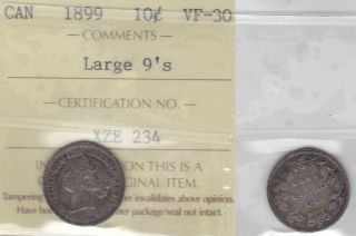 1899 Iccs Vf30 10 Cents Large 9 ' S Canada Ten Dime Silver photo