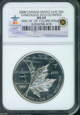 2008 Canada Maple Leaf 1 Oz.  S$5 Silver Vancouver 2010 Olympics Ngc Ms69 photo