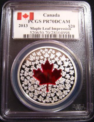 2013 Canada $20 Maple Leaf Impression Pcgs Pr70 Colorized Red Enamel Pf70 photo