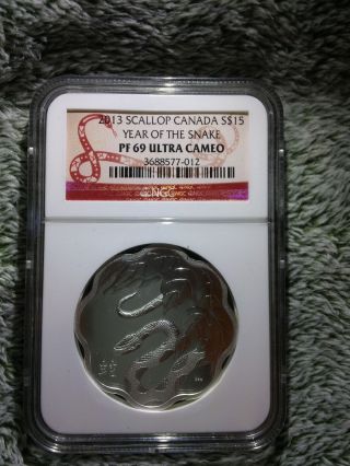 2013 Canada Proof Silver $15 Scallop Year Of The Snake Ngc Pf69 Ucam photo