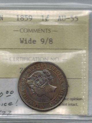 Canada 1859 Wide 9/8 Large Cent Variety Iccs Au 55 Almost Unc photo