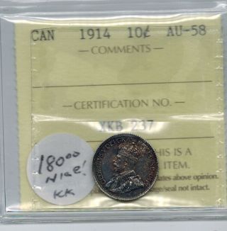 Canada 1914 10 Cents Dime Iccs Au 58 Almost Unc photo