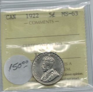 Canada 1922 5 Cents Nickel Iccs Ms 63 Unc photo