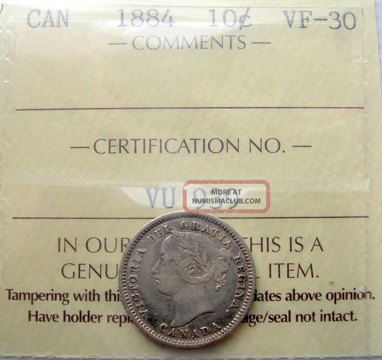 1884 Ten Cents Iccs Vf - 30 Rare Date Major Key Victorian Vf - Ef Dime Coins: Canada photo