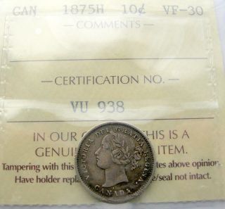 1875h Ten Cents Iccs Vf - 30 Very Rare Vf - Ef Major Key Date Dime photo