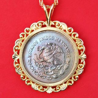 1985 Mexico 200 Pesos National Arms Eagle Rainbow Toned Bu Coin Gp Necklace photo