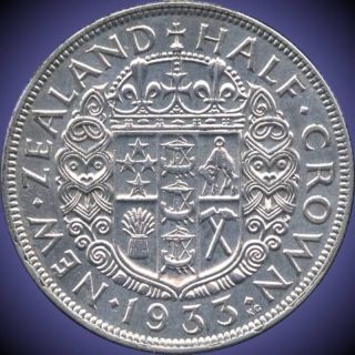 1933 Zealand 1/2 Crown Silver Coin (14.  14 Grams.  500 Silver) (no Tax) photo