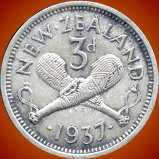 1937 Zealand 3 Pence Silver Coin (0.  0226 Oz.  500 Silver) (no Tax) photo