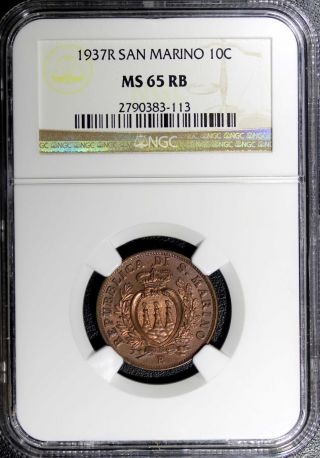 San Marino 1937 - R 10 Centesimi Ngc Ms65 Rb Mintage:400,  000 Top Graded Km 13 photo