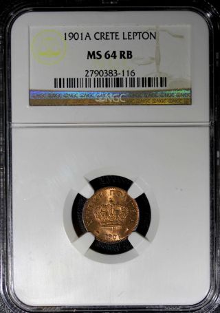 Greece Crete Prince George Bronze 1901 - A 1 Lepton Ngc Ms64 Rb More Red Km 1 photo