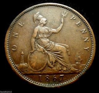 Old United Kingdom,  Gb.  1867 1 Penny Queen Victoria Toothed Border Coin photo