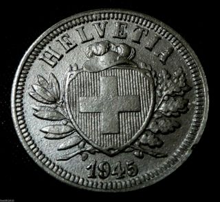 Switzerland 1945 B 2 Rappen The Swiss Escutcheon,  On A Crown Coin photo