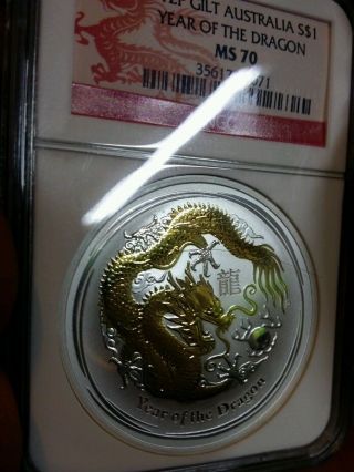 2012 P Gilt Australia 1 Oz.  Silver $1 Coin Year Of The Dragon Graded Ngc Ms70 photo