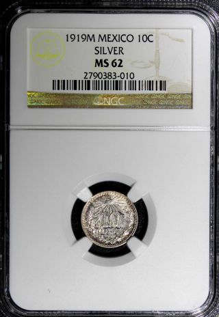 Mexico Silver 1919 - M 10 Centavos Ngc Ms62 Km 429 photo