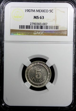 Mexico Nickel 1907 - M 5 Centavos Ngc Ms63 Scarce In Km 421 photo