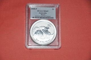 2008 Australia Lunar Year Of The Mouse 1 Troy Oz 999 Fine Silver Pcgs 69 photo