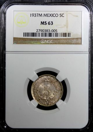 Mexico Copper - Nickel 1937 - M 5 Centavos Ngc Ms63 Km 423 photo