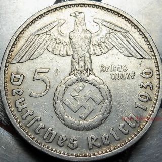 German 5 Mark Swastika Coin - 1936d - 90% Silver - Munich,  Nazi Germany Reichsmark - Km86 photo
