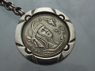 Taxco Mexico Sterling Silver Key Chain With 1950 50 Centavos.  300 Silver Coin photo