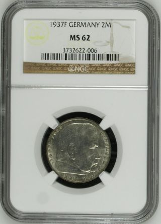 - Ngc Ms - 62 1937 - F 2 Reichsmark Mark - Bu / Unc - Nazi Era Silver Coin - photo