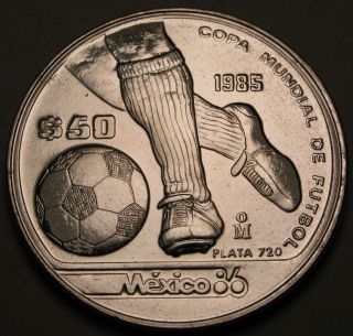 Mexico 50 Pesos 1985 - Silver - 1986 World Cup Soccer Games - Aunc photo