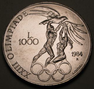 San Marino 1000 Lire 1984r - Silver - 1984 Summer Olympics - Aunc photo