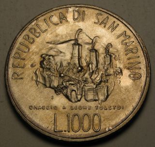 San Marino 1000 Lire Nd (1978) - Silver - Birth Of Tolstoy - Unc photo