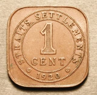 Straits Settlements 1 Cent 1920 Almost Uncirculated Copper Coin photo