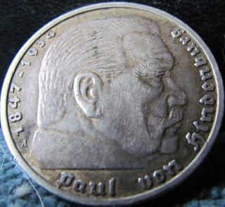 Wwii Nazi German 1936 A Silver 5 Mark With Large Swastika photo