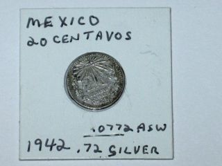 Vintage 1942 Mexico 20 Centavos Coin;.  72 Silver;.  0772 Asw photo