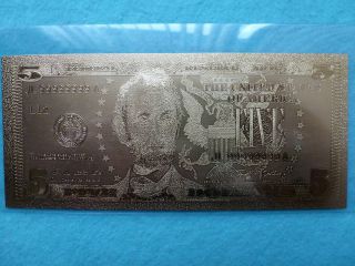 5 - Dollars - Bill 24 K.  - Gold. photo