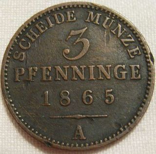 1865 - A Germany / Prussia Scheide Munze 3 Pfenninge 120 Einen Thaler Coin Km - 482 photo