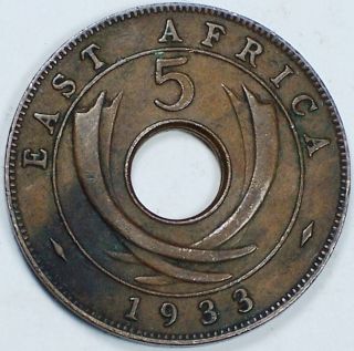 1933 East Africa 5 Cents (5¢) Tusks Georgivs V Crown Vf photo