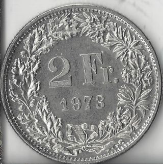 1973 Swiss 2 Francs.  Circulated,  Au.  Coin. photo