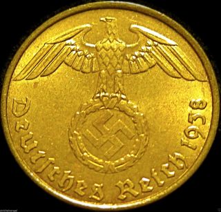 Germany - German 3rd Reich 1938a Gold Colored 5 Reichspfennig Actual Ww 2 Coin photo