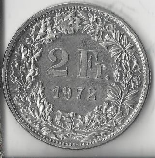 1972 Swiss 2 Francs.  Circulated,  Au.  Coin. photo