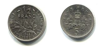 1974 1/2 Franc French 5 Pence 1980 British photo