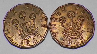 1942 & 1943 Uk (great Britain) Three Pence That Are About Uncirculated. . photo
