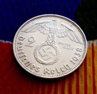 Extra Rare 1938 E Wwii 2 Mark Silver German Third Reichsmark Coin 5 Star photo