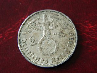 German 2 Mark 1938 B Silver Coin With Eagle 1347 photo
