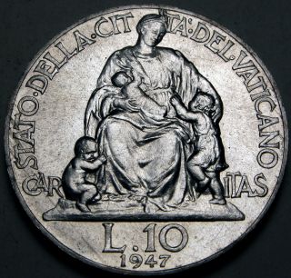 Vatican 10 Lire 1947/ix - Aluminum - Pope Pius Xii.  - Xf photo