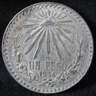 1934 72% Silver Mexican Un Peso - Cap And Ray Large Coin From Mexico photo