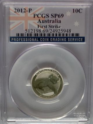 Pcgs 2012 P First Strike Australia Koala Ten 10c Cents Silver 1/10 Oz 999 Sp69 photo