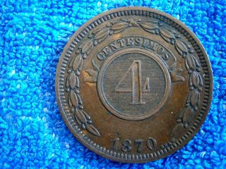 Paraguay: Scarce 4 Centesimos 1870 Very Thick Copper Coin Extremeley Fine photo